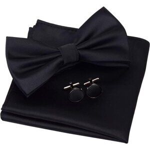 Mens Solid Color Double Fold Pre-tied Bow Tie and Pocket Square Cufflink Set